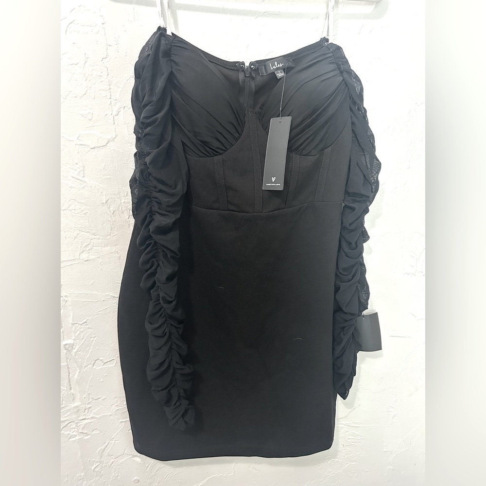 NWT Lulu’s Black Mesh Ruched Off the Shoulder Mini Dress